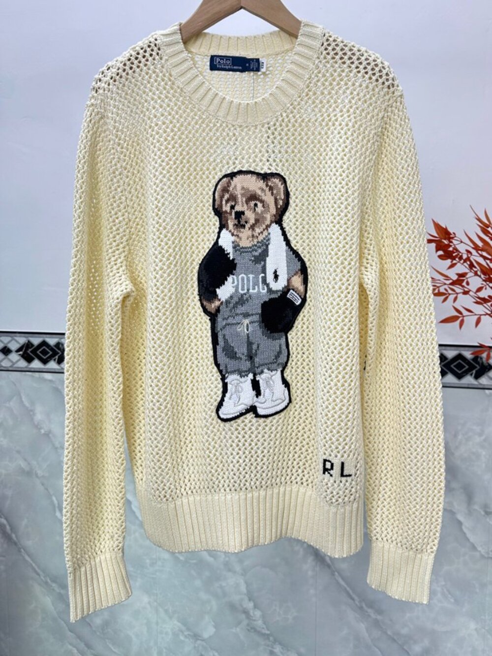 Ralph Lauren Boxing Bear Cream Open Knit Crewneck Sweater